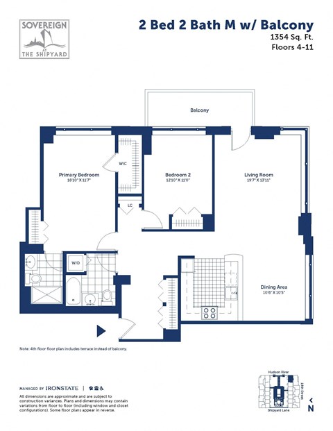 Floor plan for 2 beds, 2 baths, 1354 sqft